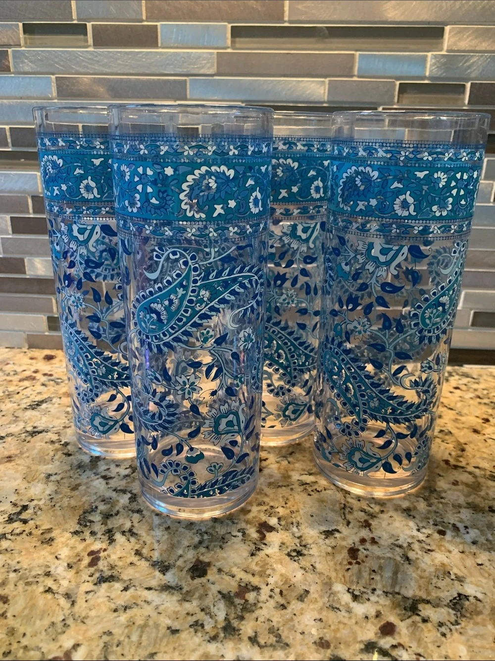 Pier 1 Blue Paisley Pattern Tall Glasses